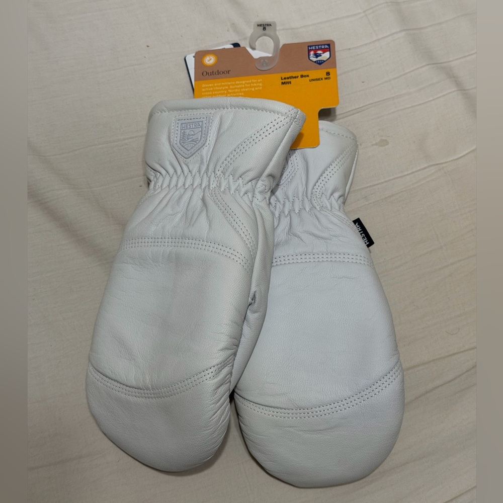 New Hestra Leather Box Mitt Gloves Off White Medium M Size 8 $85 MSRP